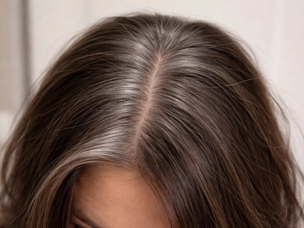 Hair showing grey regrowth blending gap with previously dyed strands, natural light close-up.