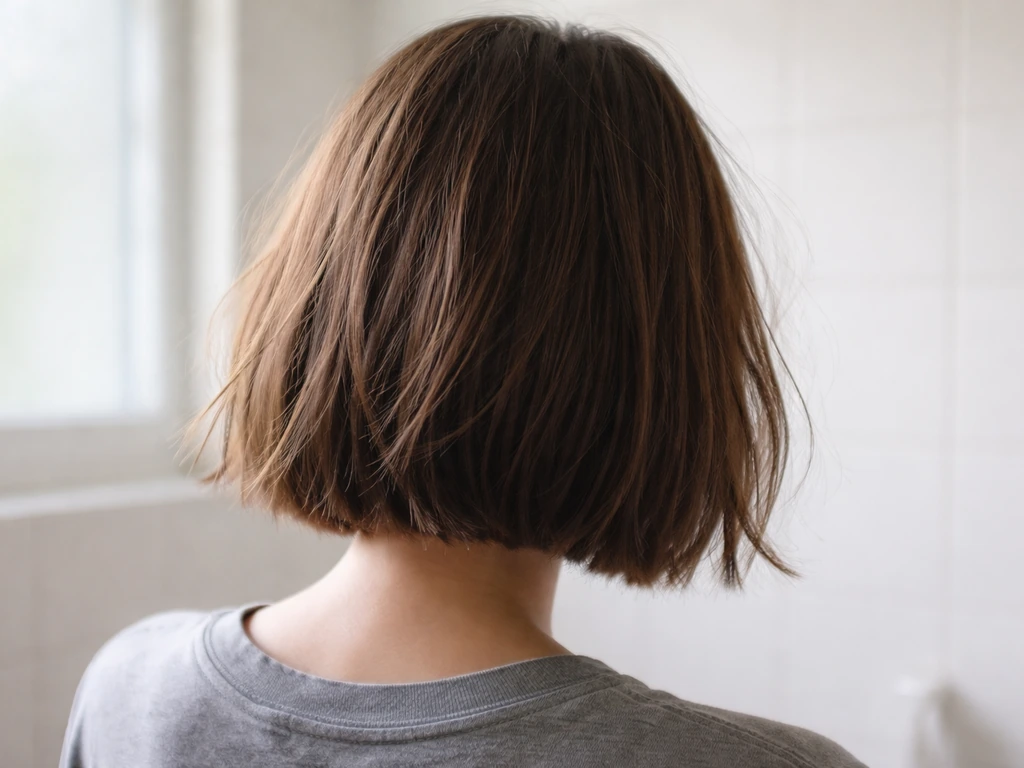 Close-up of hair in the early bob stage with uneven, awkward ends in soft natural light.