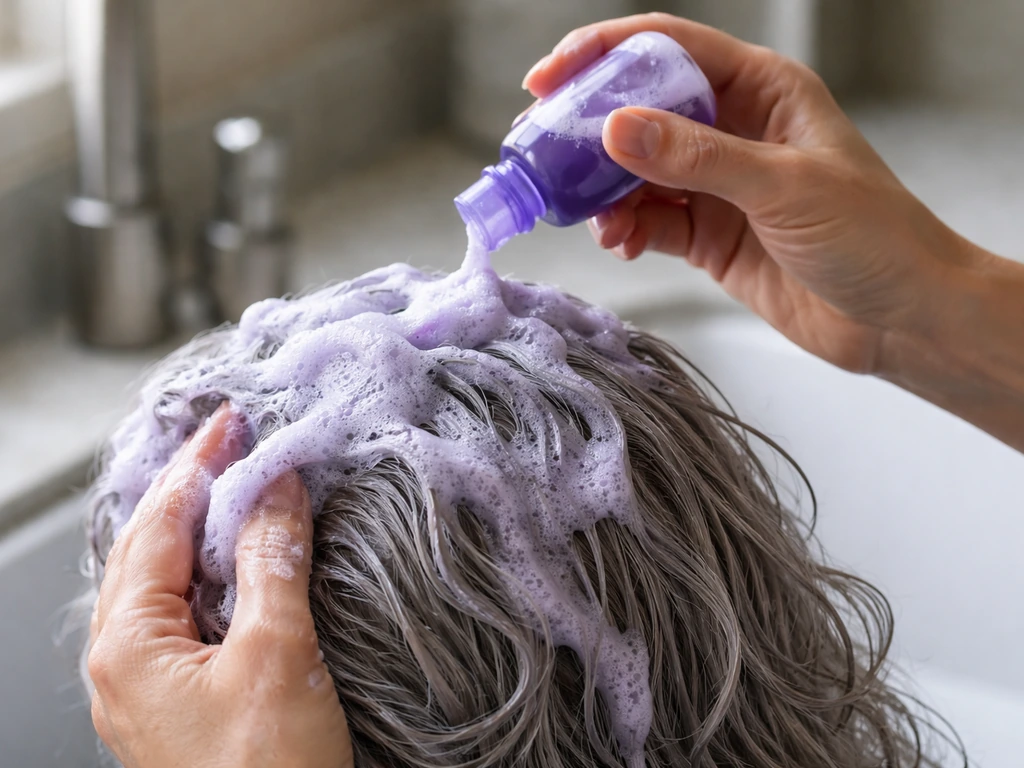 Hands applying purple shampoo to grey hair with visible violet lather to counter yellow/orange tones.
