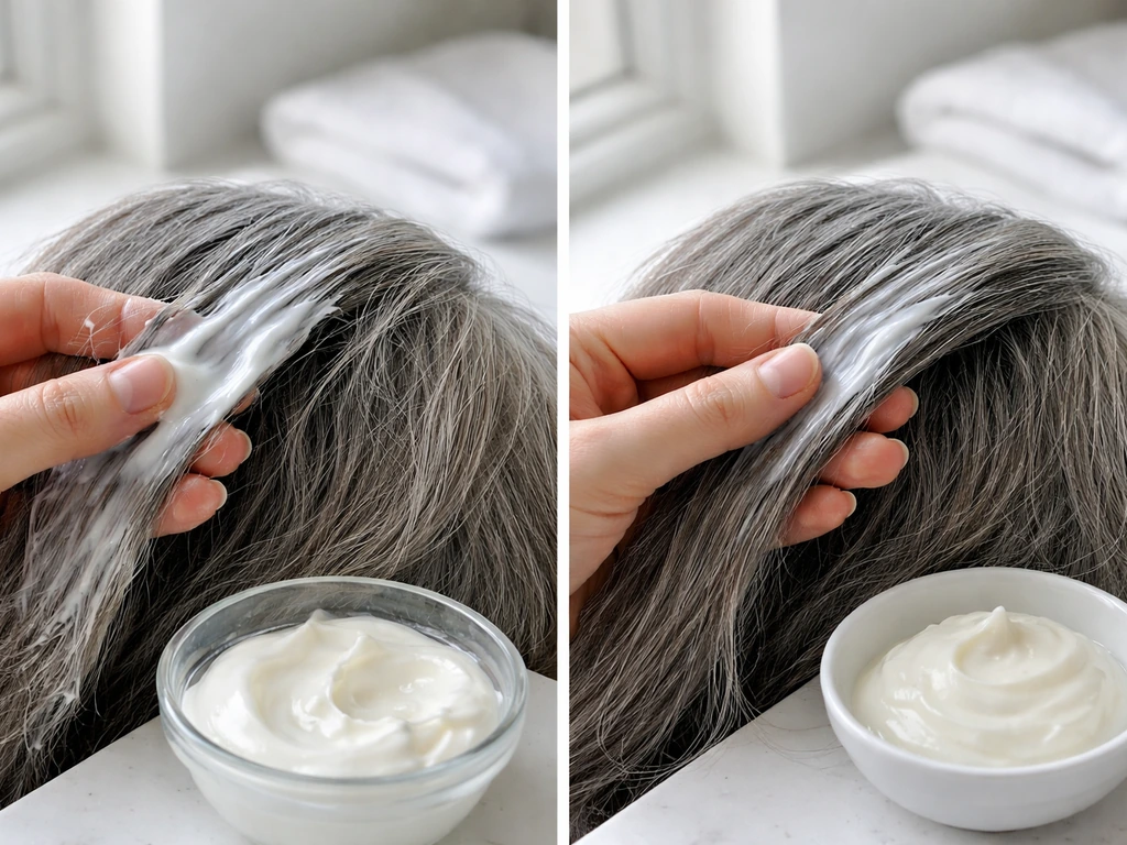Hands applying conditioner and smoothing cream to visibly dry, grey hair strands in a clean bathroom setting.