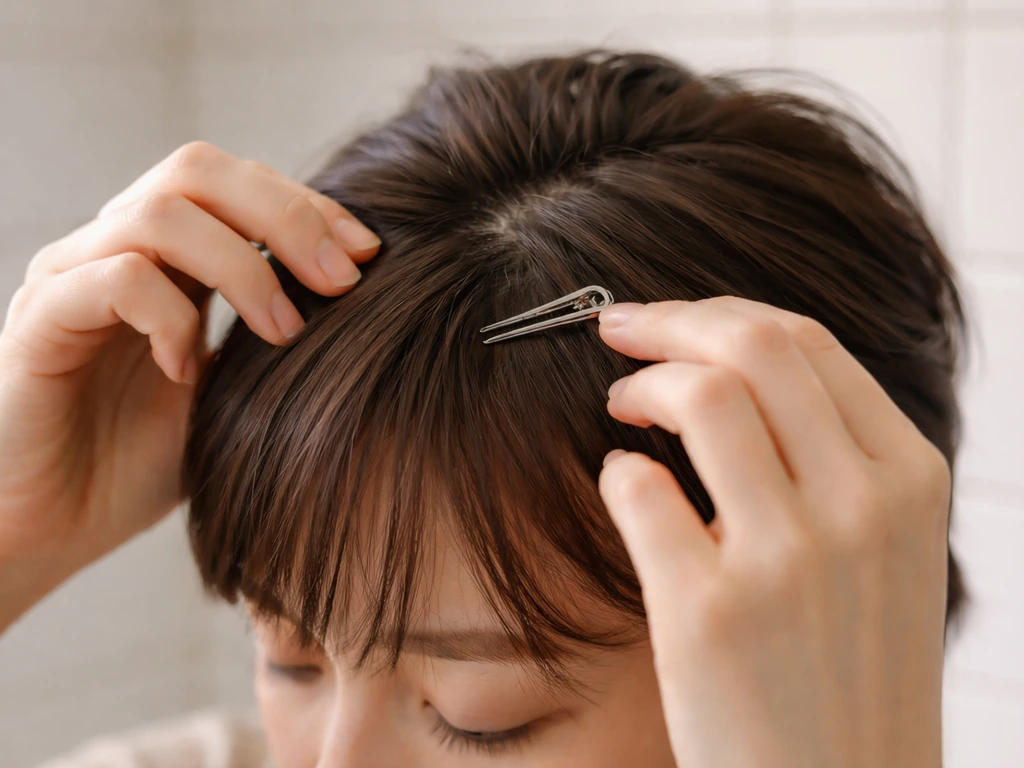 Close-up of a person’s hands clipping a fringe into place with a hair clip over a simple bathroom mirror