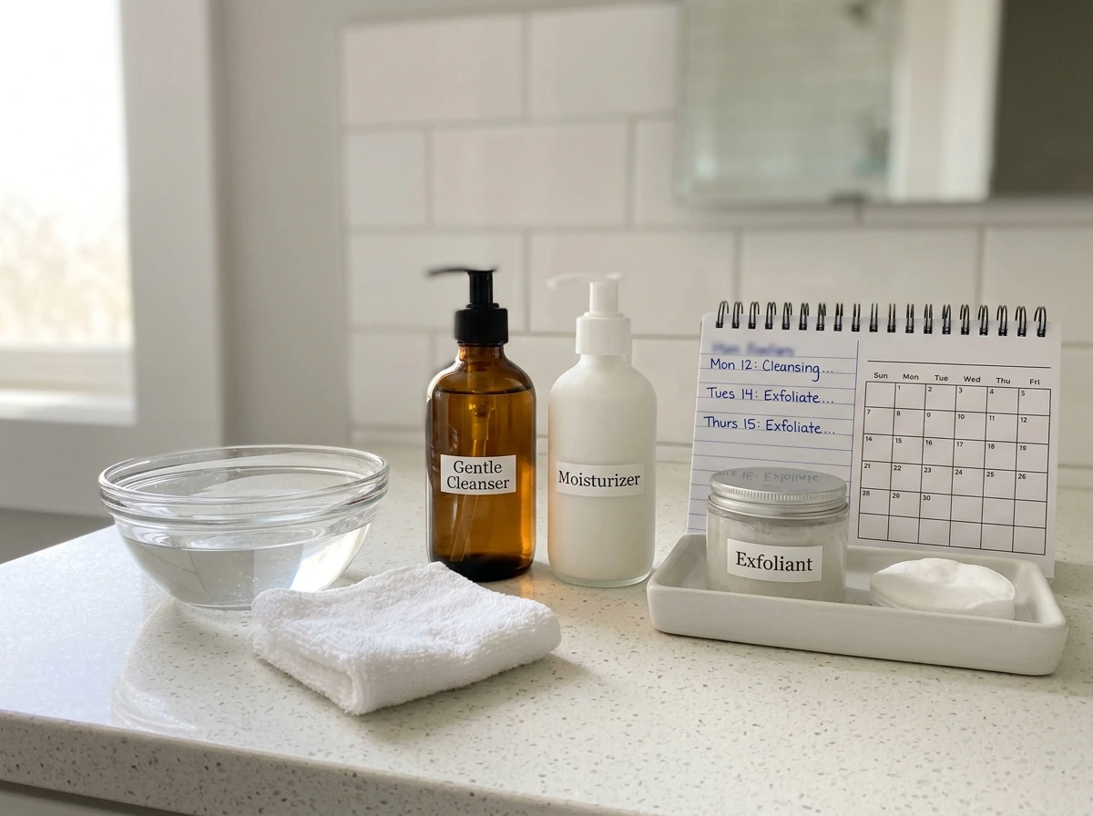 Grooming and regrowth timeline for pubic hair care setup with hygiene tools
