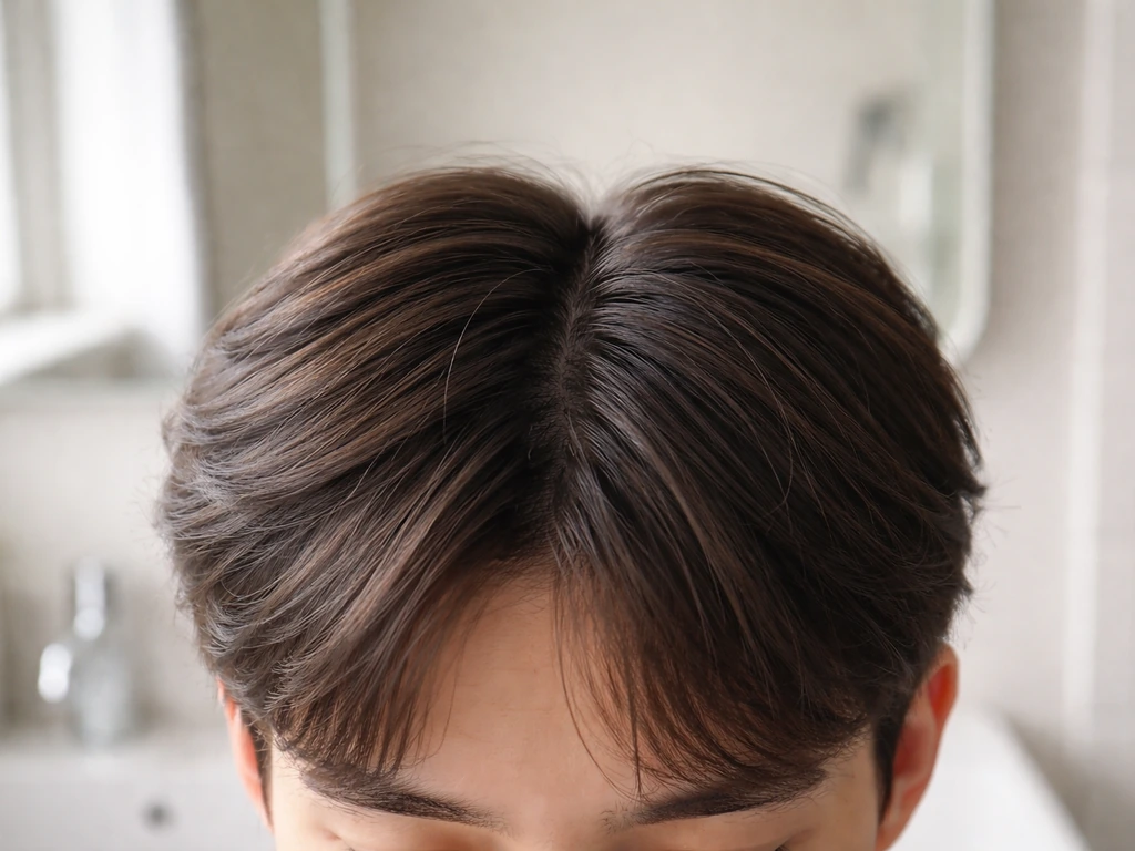 Top of head with neatly separated left and right hair sides showing one side slightly shorter