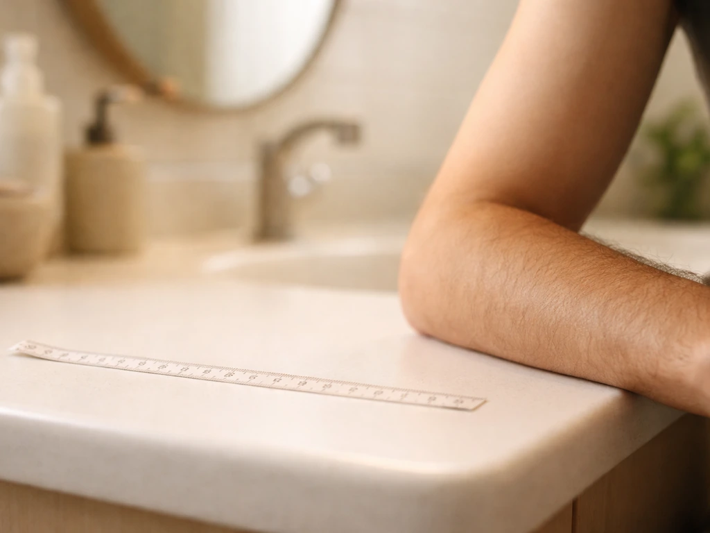 Anonymous hands and a measuring tape on a bathroom counter, suggesting incremental hair-growth progress.