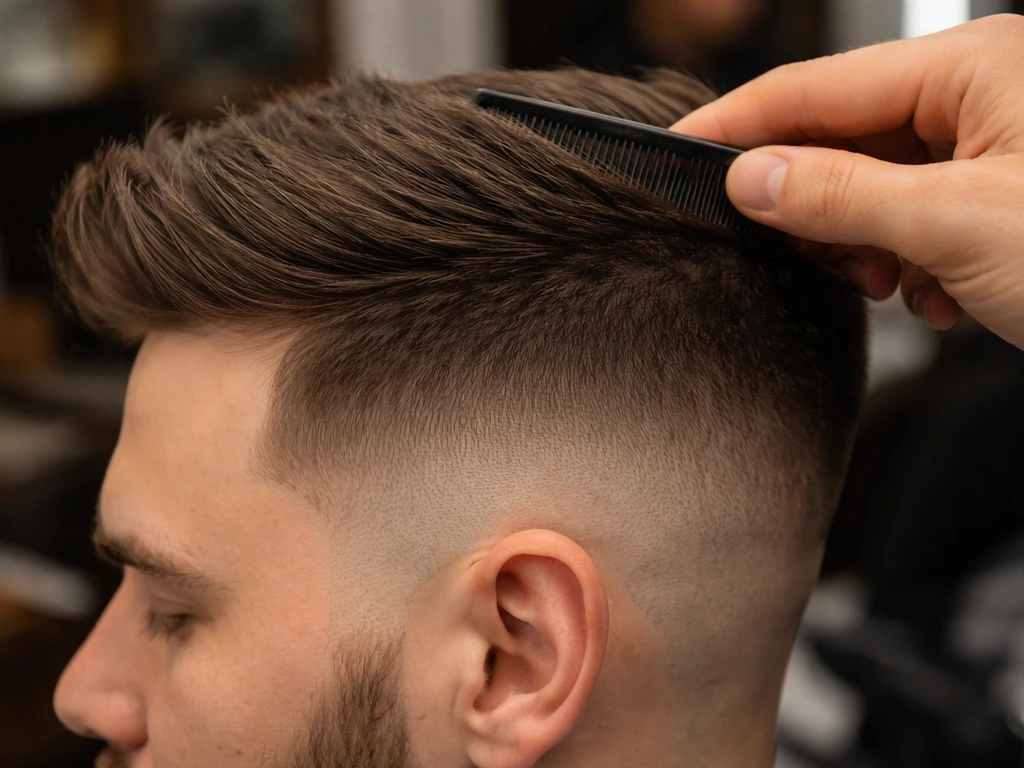 Close-up of hair blending where the sides meet the longer top, showing a softened transition line.