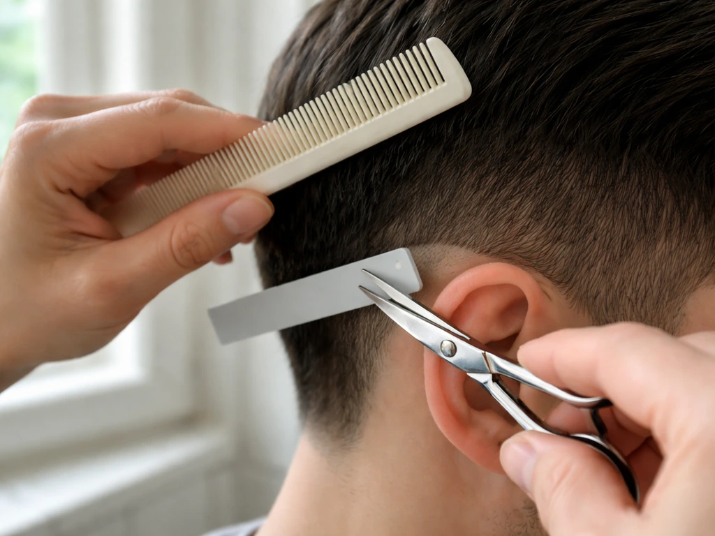 Hands trimming only the hair sides with scissors and a comb using a simple guide in natural light.