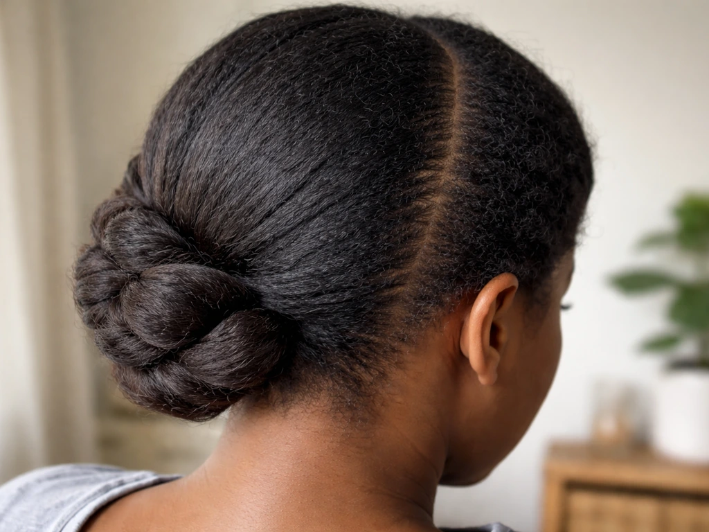 Protective hairstyle showing relaxed ends and new growth demarcation line, hair transitioning without cutting.