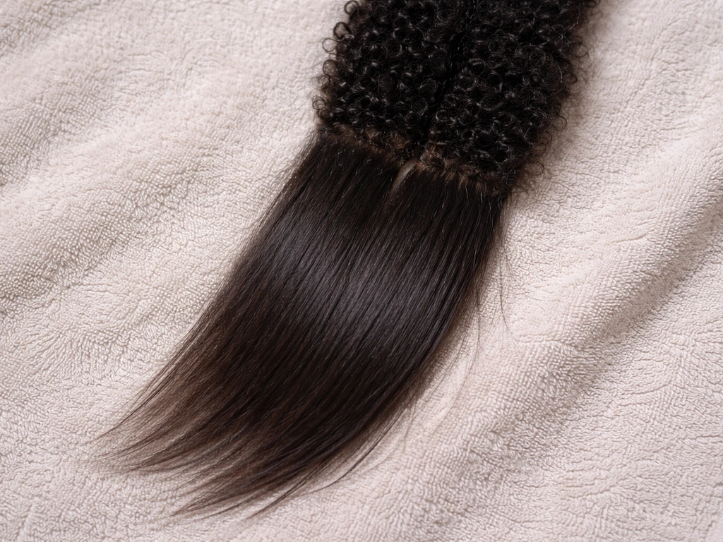 Close-up of hair showing a clear boundary where relaxer ends and new growth begins with different curl patterns.
