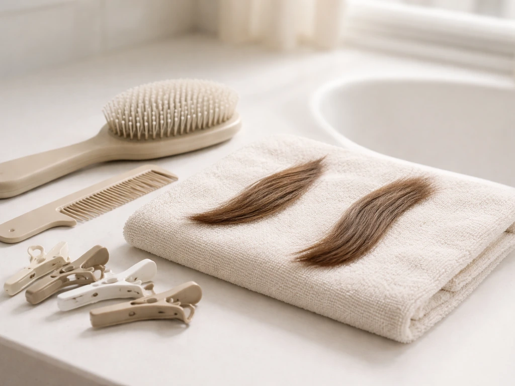 Natural-light photo of hair-care tools and section clips on a clean surface for a gentler routine.