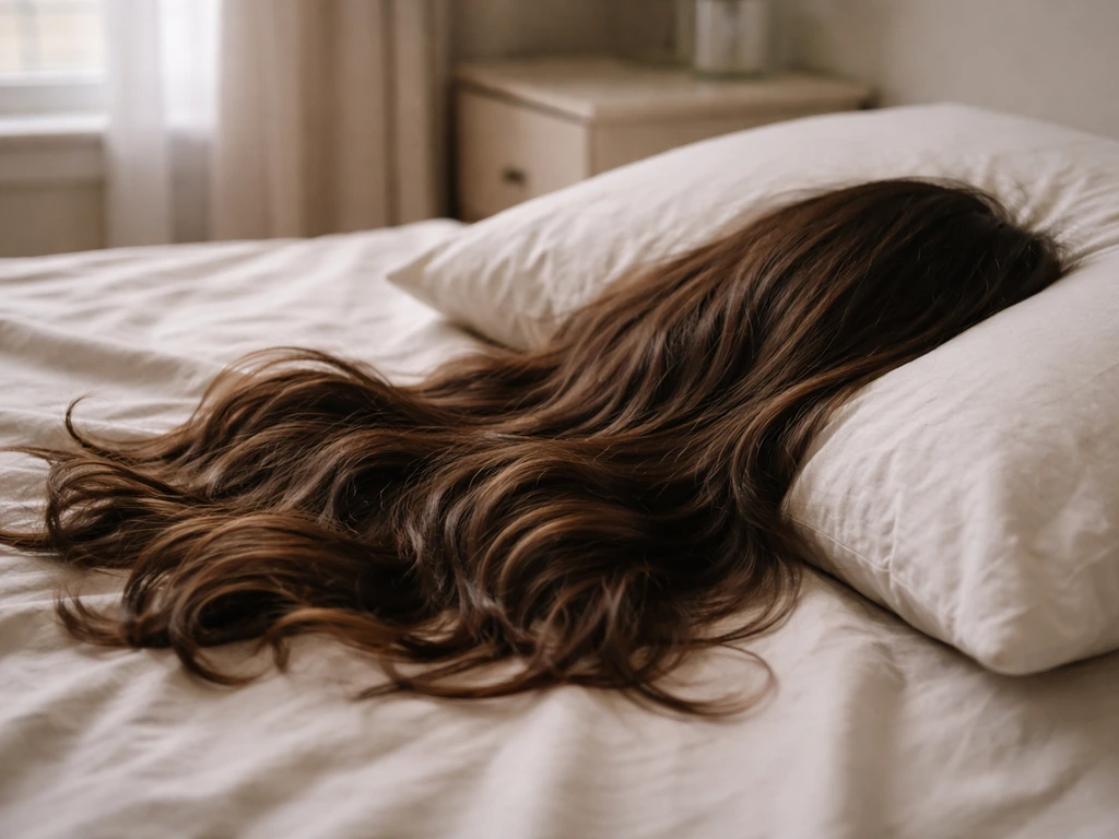 Wavy hair laid on a bed beside a closed nightstand with no heat tools visible