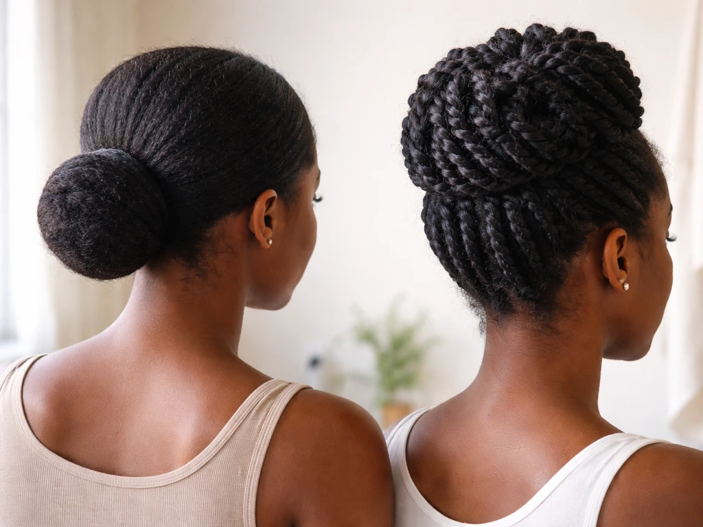 Two protective no-scissors hairstyles side-by-side: low bun with puff and a tucked twist-out.