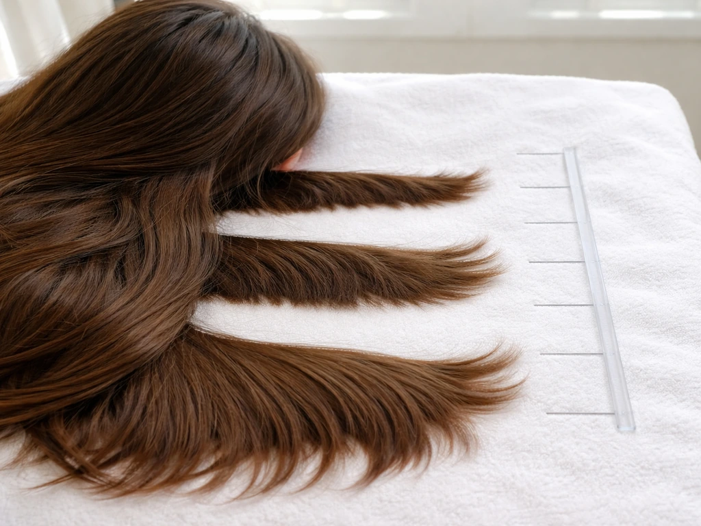 Close-up of hair strands in three lengths next to a ruler-like marker showing how a bad haircut grows out.