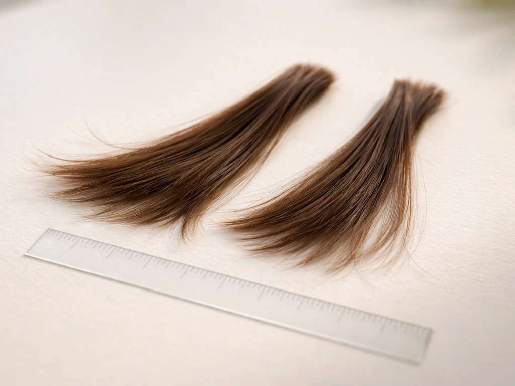 Close-up of hair strands beside a ruler showing a small length difference for growth-rate context.