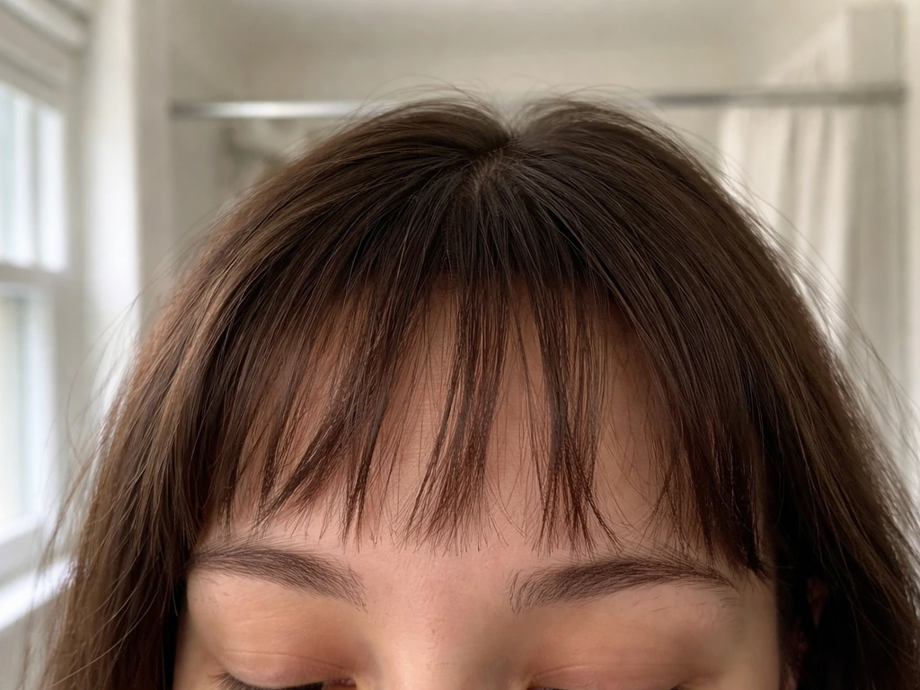 Short bangs growing down toward a preferred length, shown in a mirror under natural light.