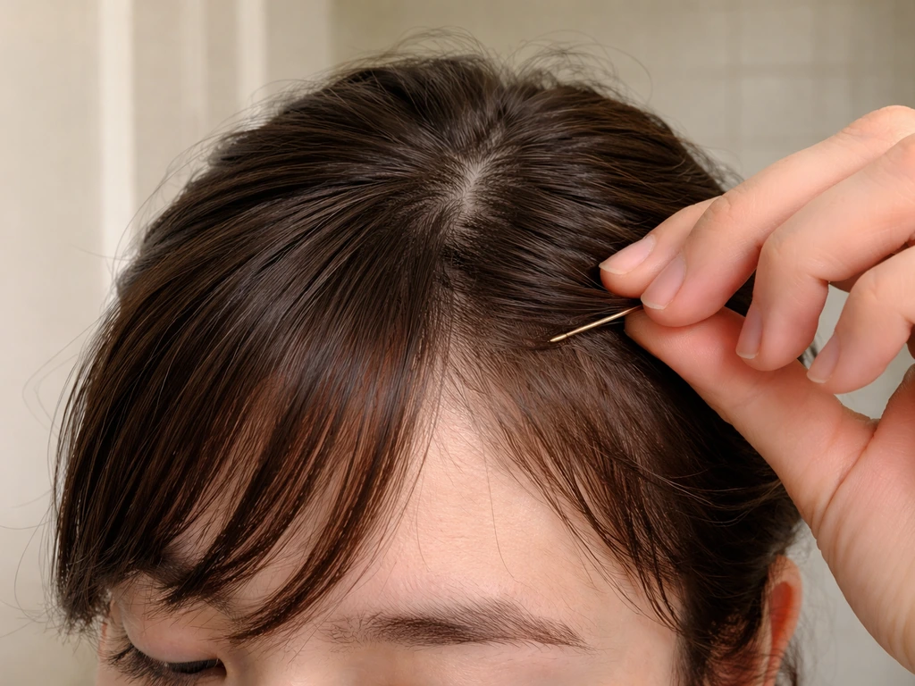 Close-up of short bangs pinned to the side with a bobby pin and a subtle hold product in a bathroom.