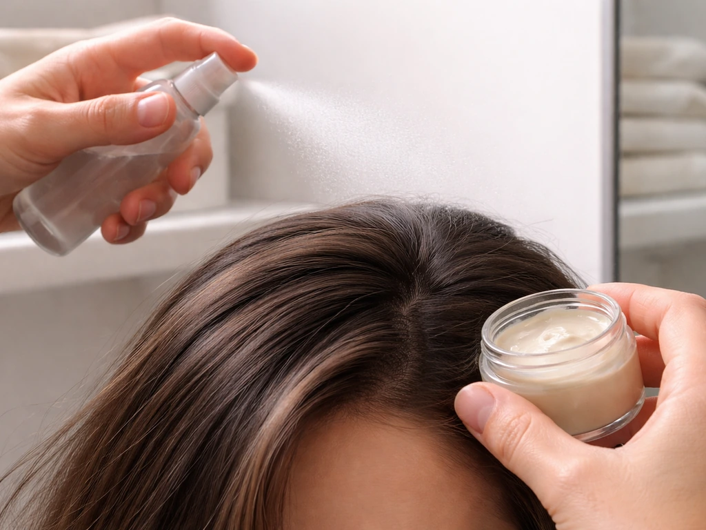 Hands mist texture spray and hold light pomade near straight hair for easier grow-out blending.