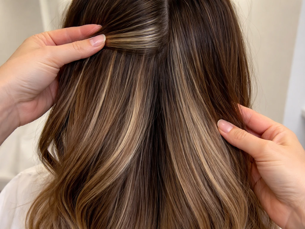 Brunette hair under bright light with clear separation showing highlights starting at the root versus mid-shaft.