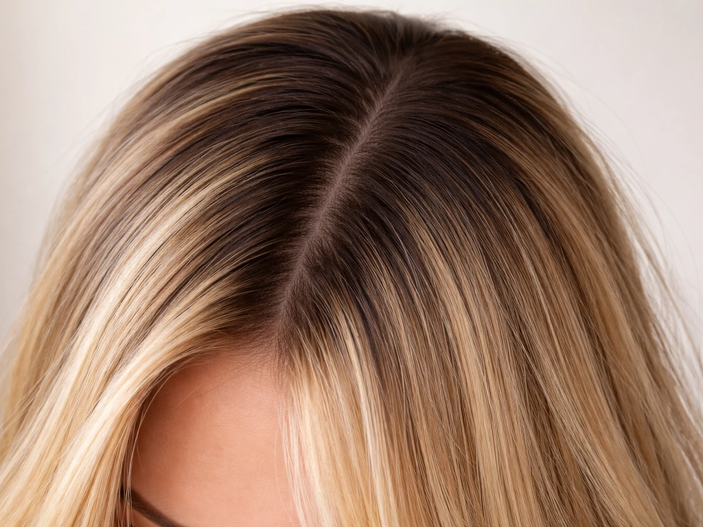 Close-up of hair with early regrowth: natural brown root band against lighter highlighted lengths.