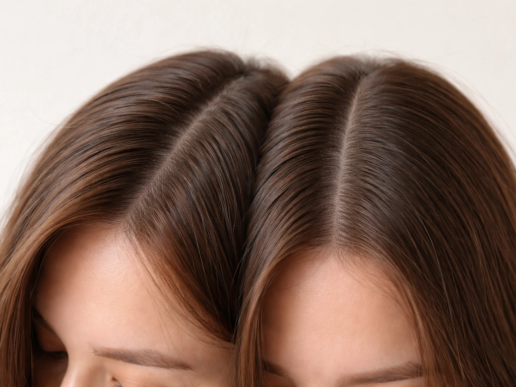 Close-up of hair with a center vs side part, showing how the root line visibility changes.
