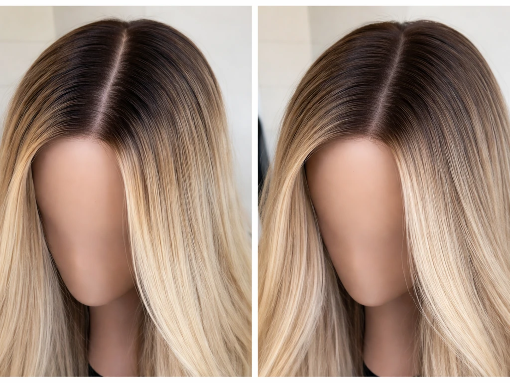 Split view of dark hair with harsh regrowth contrast versus softly blended shadow-root effect