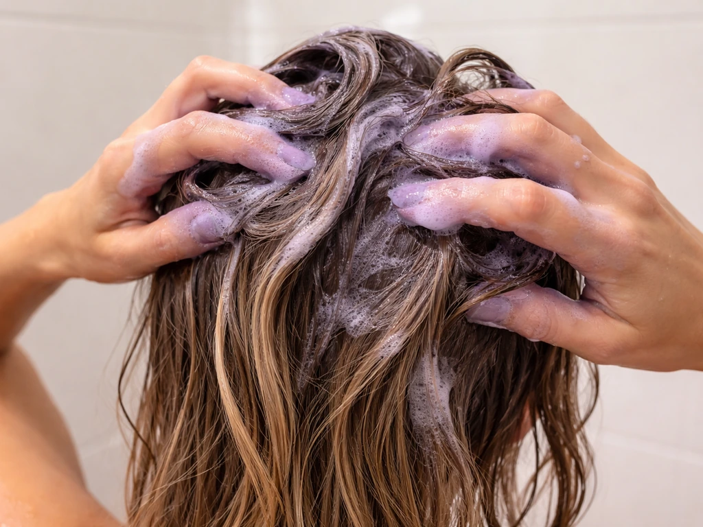 Close-up of purple shampoo lather on highlighted brown hair, showing brassiness being neutralized