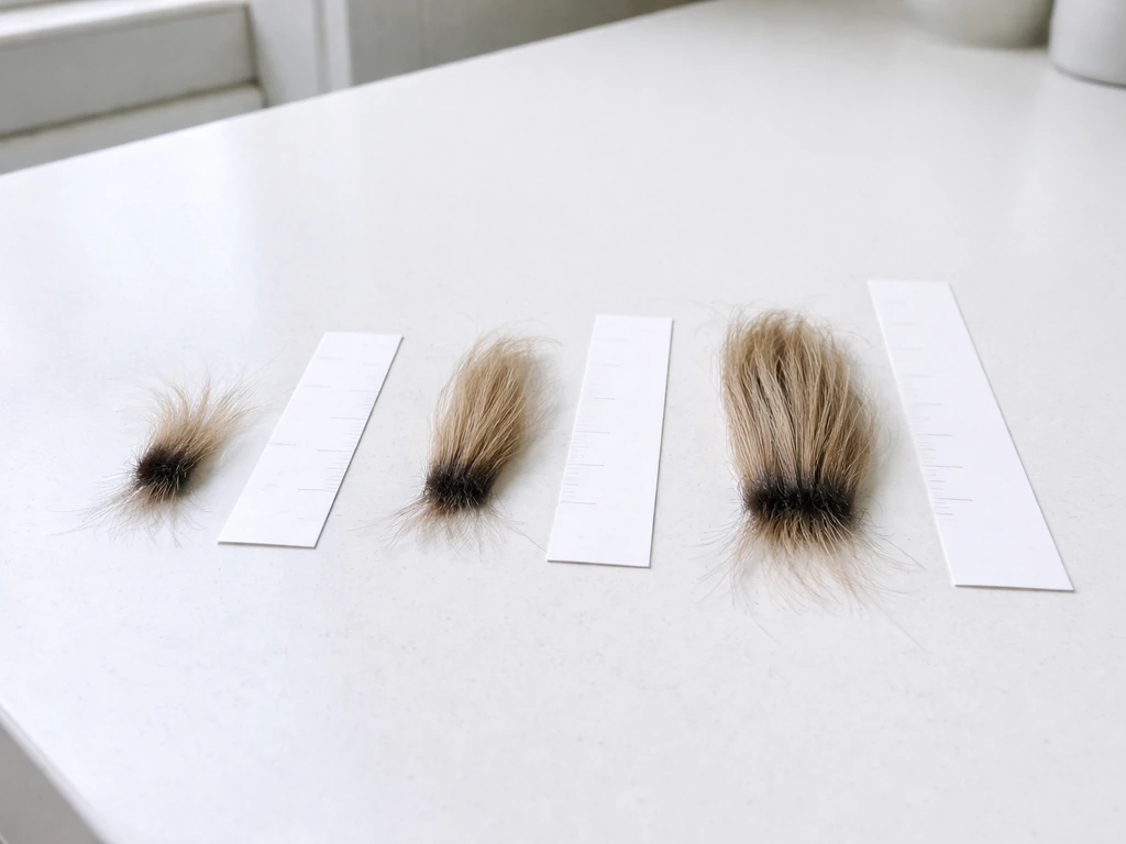 Three hair regrowth stages on a clean countertop with blank measuring strips showing increasing length.