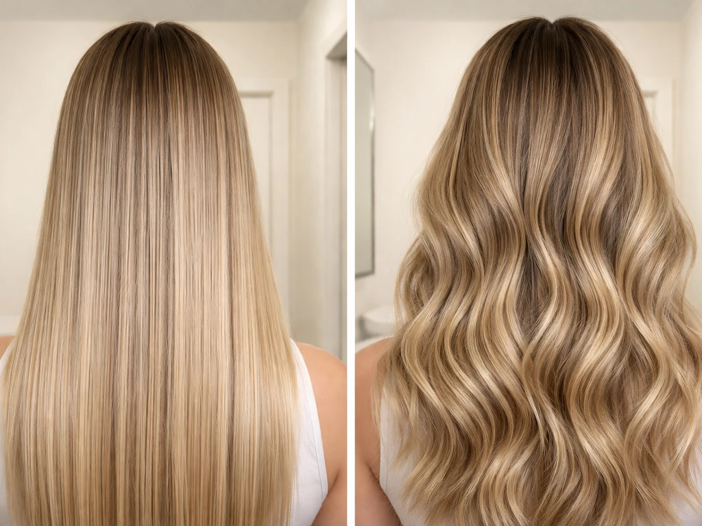 Split view hair comparison: straight sleek shows roots, while waved curls blend and soften the root line.