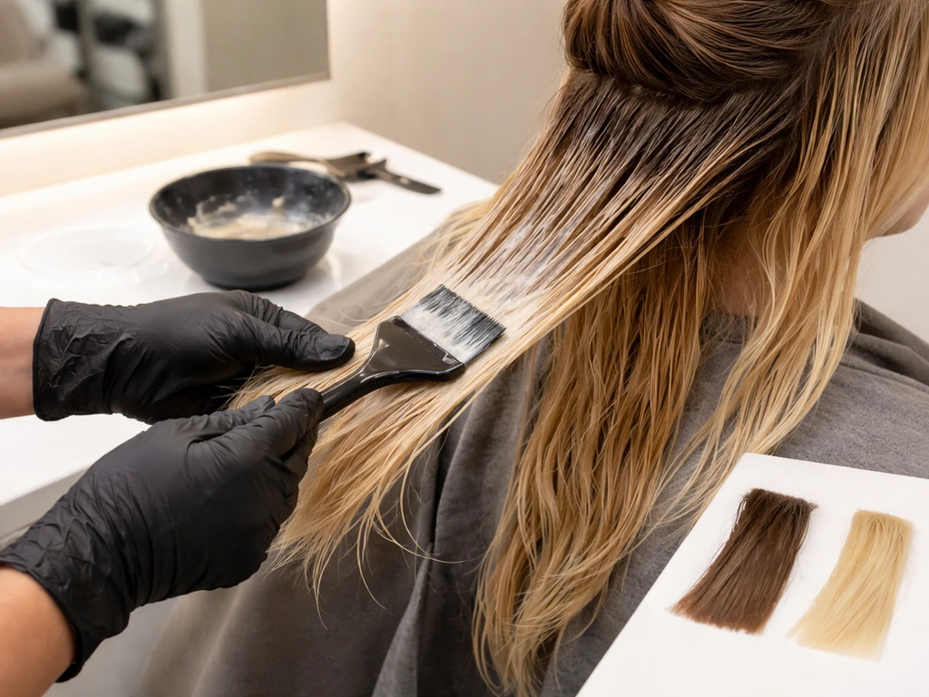 Hair color touch-up scene with gloves, mixing bowl, and brush applying toner to mid-lengths