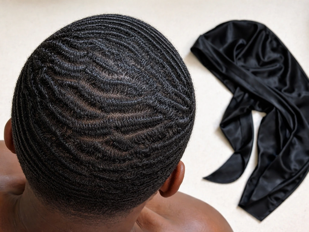 Top-down view of a scalp with rippling 360-wave pattern and a durag/wave cap nearby.