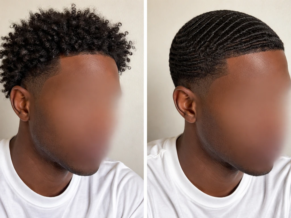 Side-by-side view of loose curls versus trained 360-wave ripples on an anonymous head.