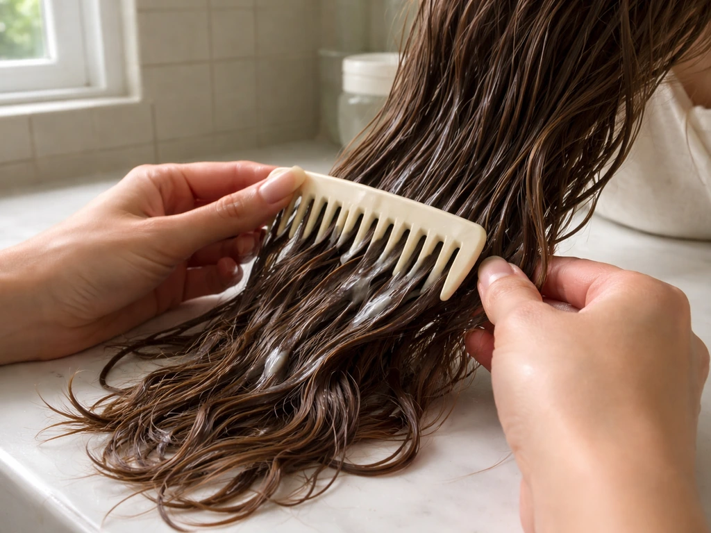 Hands combing damp wavy hair from ends to roots with leave-in conditioner visible.