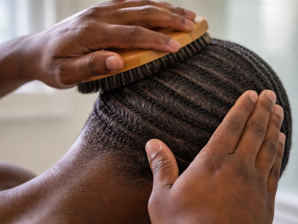Close-up of hands brushing hair with wave strokes using a wave brush, then compressing.