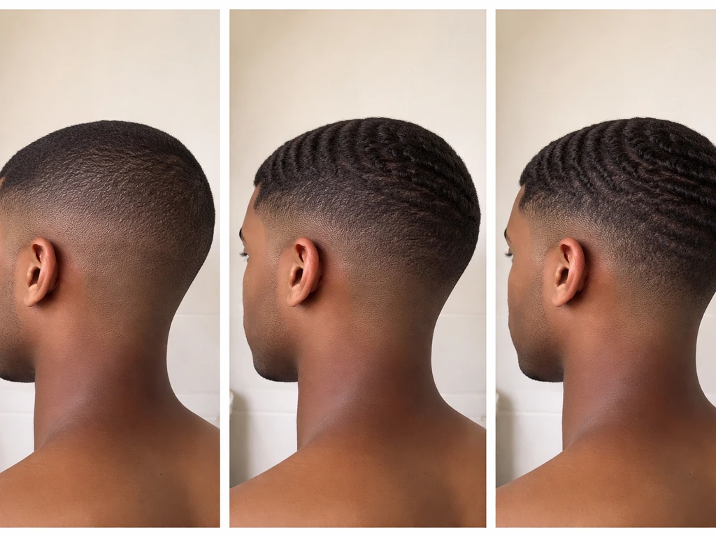 Three minimal panels of anonymous hair growth: buzz cut to early ripples to forming waves.