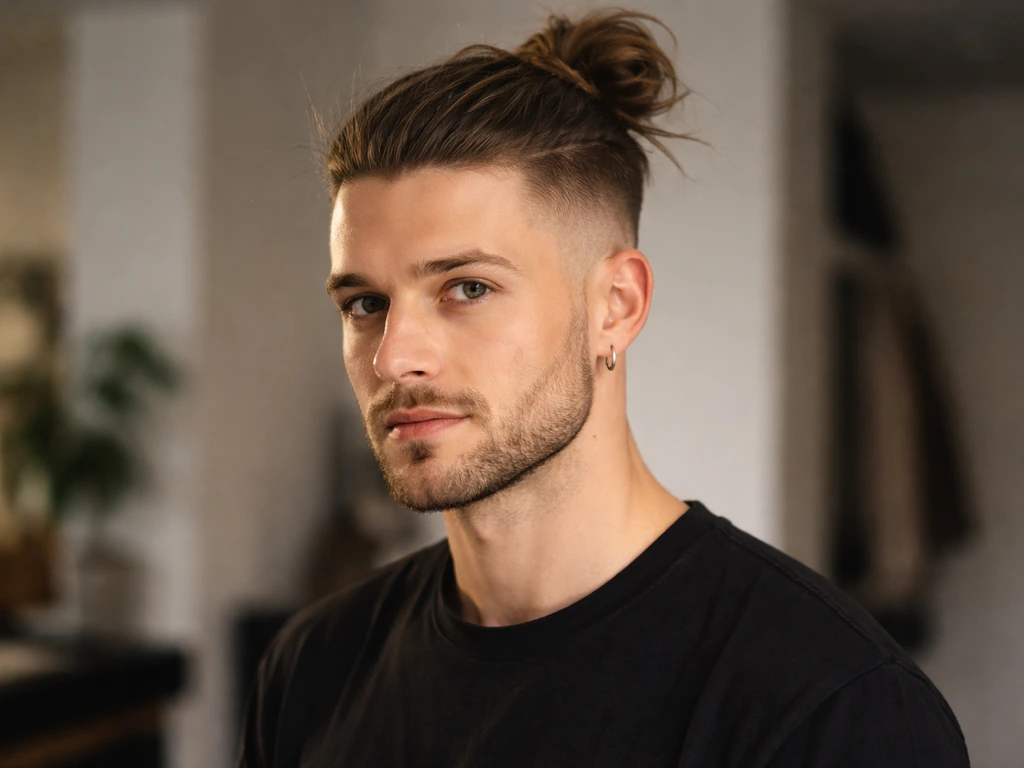 Close-up of a person with shaved sides and a growing man bun, showing clear contrast