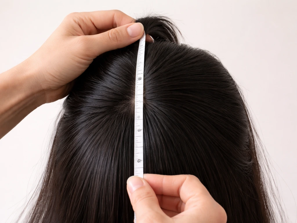 Close-up of hands holding a tape measure to a parted section of hair from scalp to tip