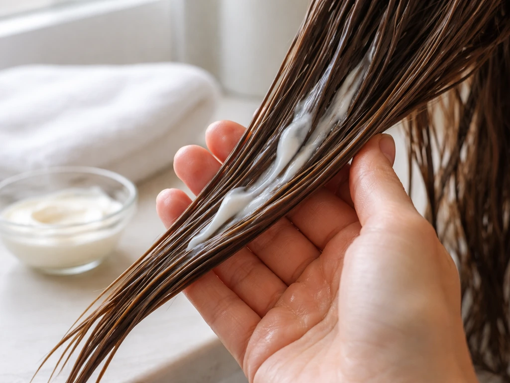 Hand gently smoothing a leave-in hair treatment into damp hair strands to reduce breakage.