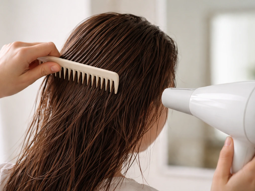 Person gently blow-drying top hair with a wide-tooth comb, low heat for minimal damage.