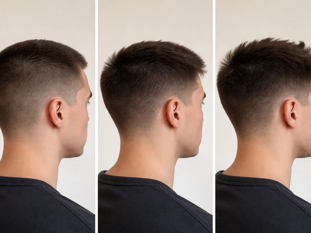 Three phases of short buzz-cut growth shown with shaved sides, top length increasing gradually.