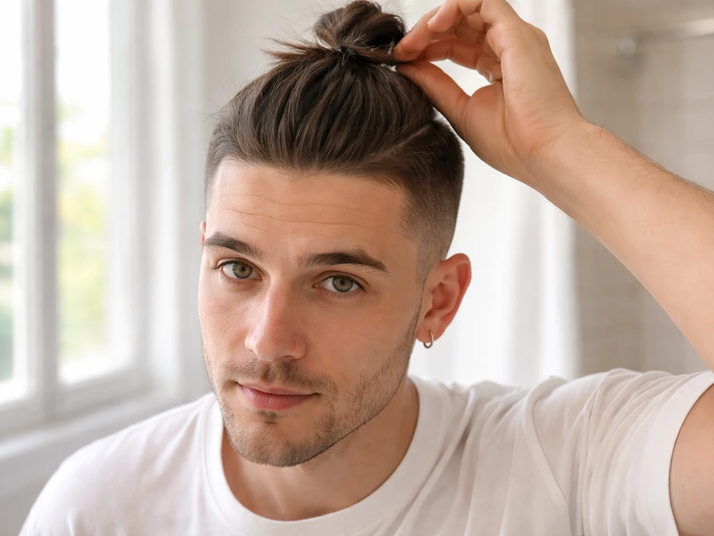 Person with sleek shaved sides and a half-up mini-bun at the crown, adjusting hair in natural light.
