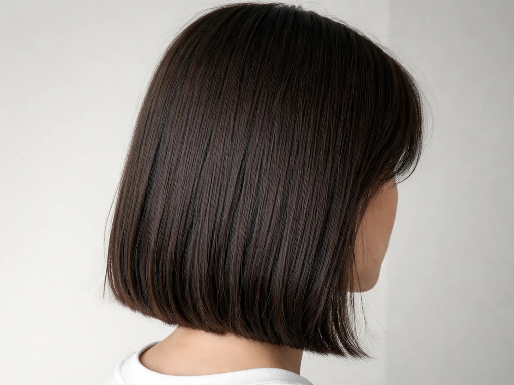 Close-up portrait showing early blunt-cut grow-out with the blunt perimeter and edges starting to extend.