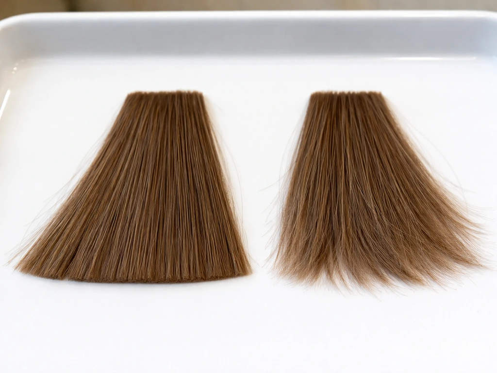 Close-up of two side-by-side hair ends: one blunt straight cut and one layered/feathered edge.
