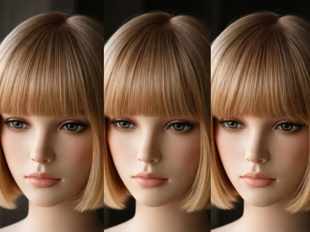 Close-up of blunt-cut hair grow-out stages, showing the ends amplifying and beginning to flip outward.