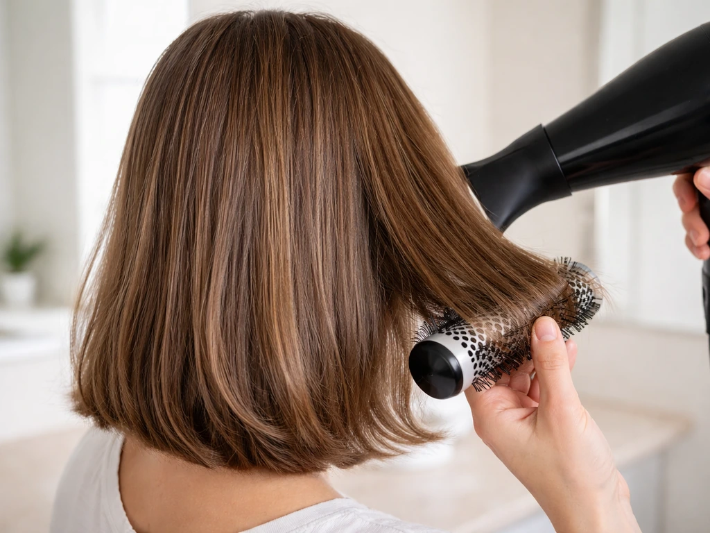 Hands blow-drying hair with a round brush, curling the ends under to stop outward flipping.