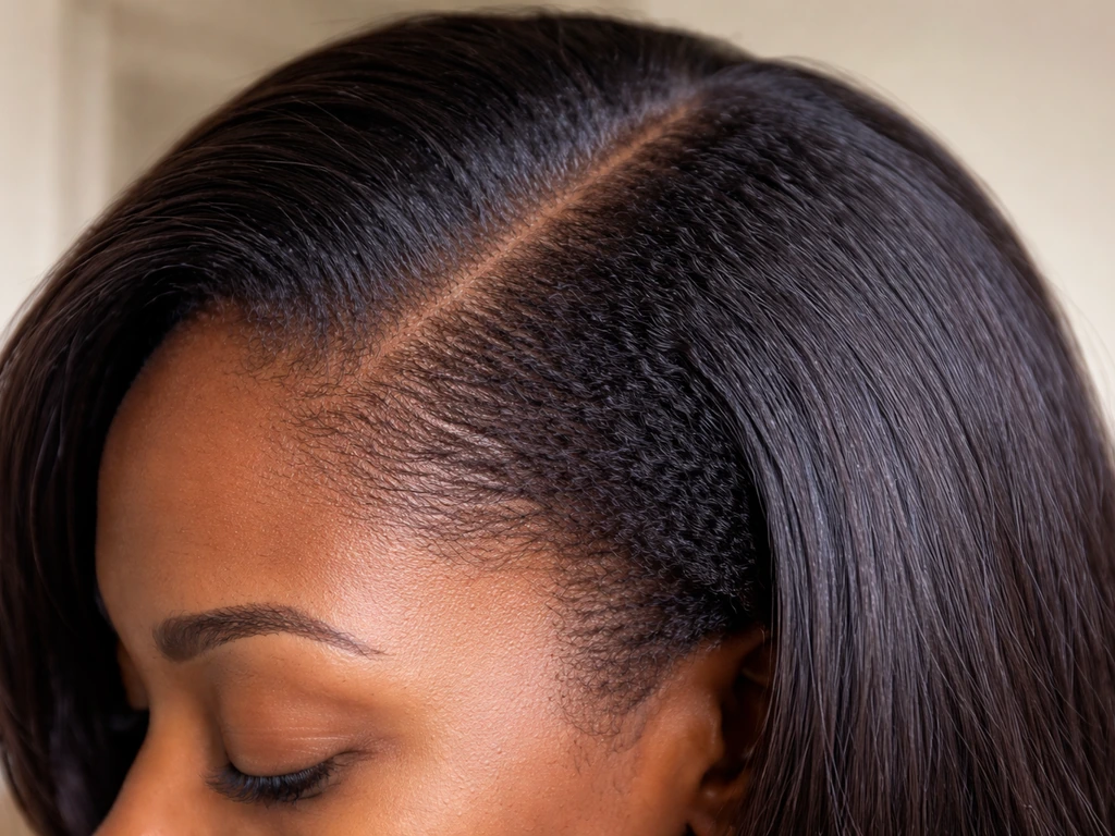 Close-up of hair showing relaxed ends meeting new natural regrowth at the demarcation line.