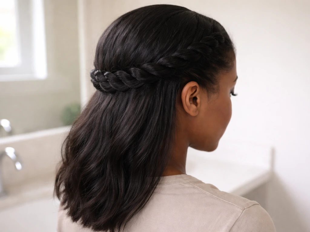 Side view of a low braided protective hairstyle blending two hair textures with smoothed roots and tucked ends.