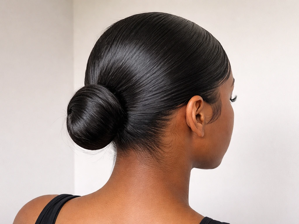Model with a sleek low bun and smoothed edges for a slick blend look
