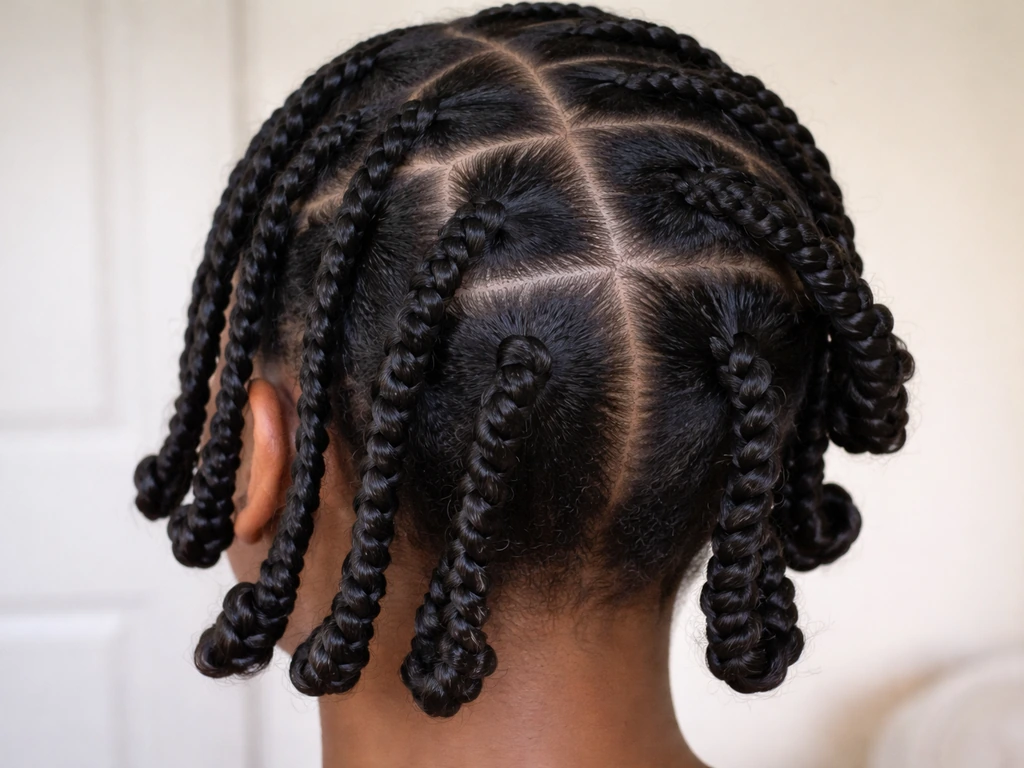 Close-up of sectioned scalp with small twists and bantu-knot coils showing root regrowth and blended ends.