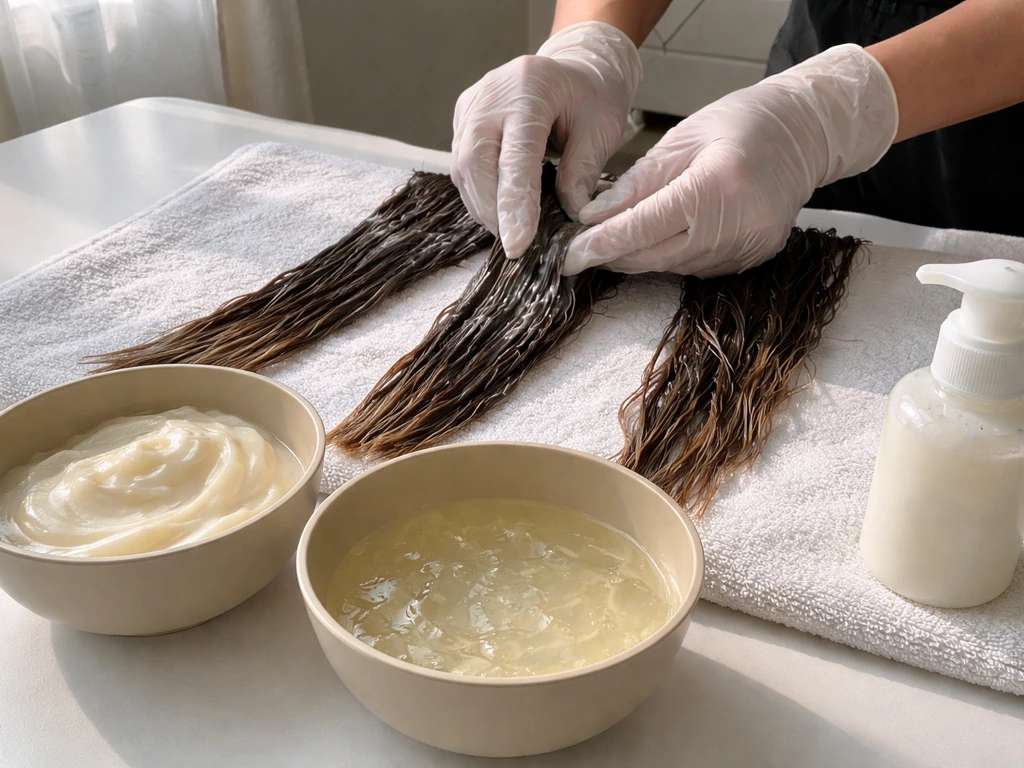 Hands applying a moisturizing cream to separated relaxed hair sections with a sulfate-free shampoo setup nearby.