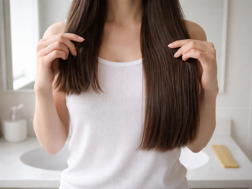 Person holding two sections of long hair showing an awkward-to-cohesive grow-out transition