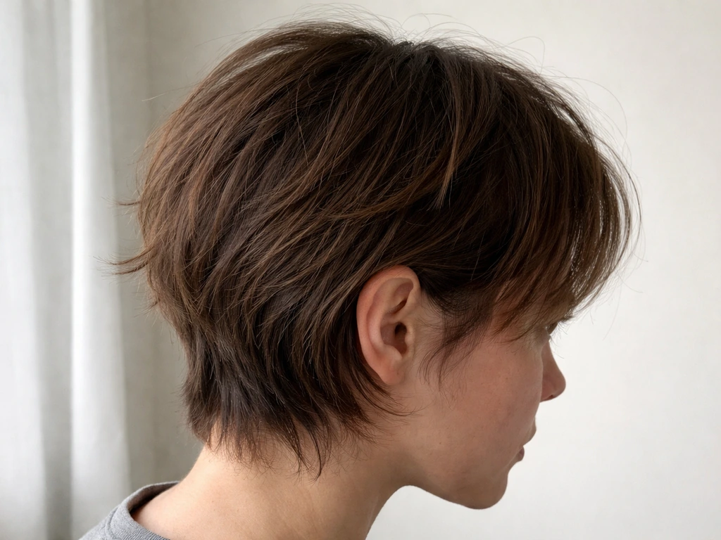 Close-up of hair in an awkward grow-out length, sides and top uneven like an unchosen cut